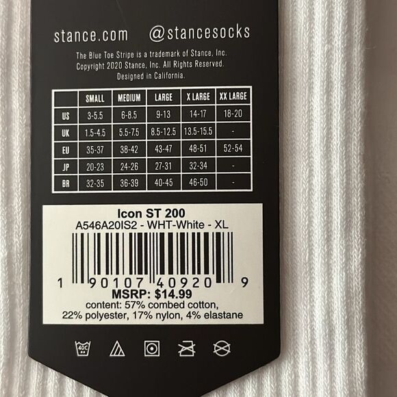 STANCE MEN’S NWT SOCKS ICON ST 200 IN WHITE SIZE EXTRA LARGE WITH INFIKNIT - Picture 5 of 5
